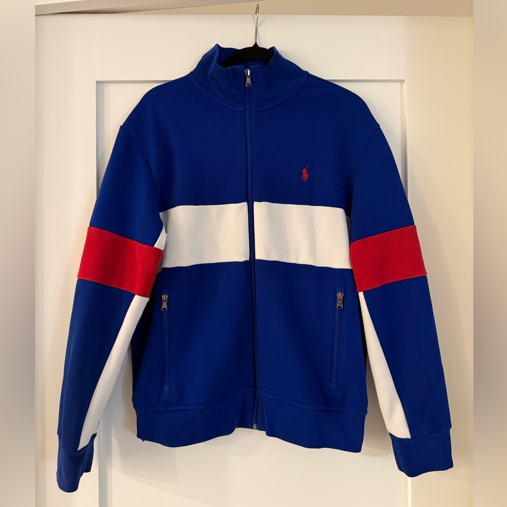 Polo Ralph Lauren Blue Zip-Up Sweater with Red & White Stripes